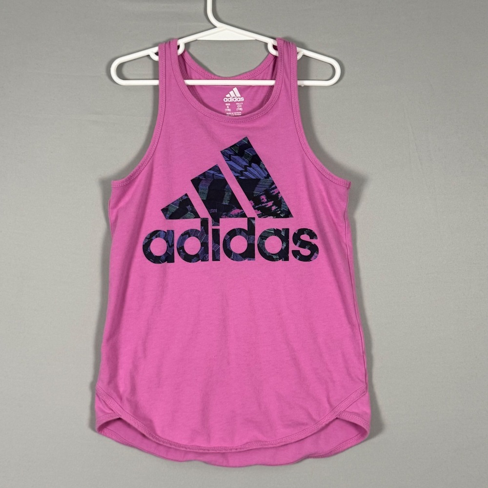 Adidas Tank Top Girls Size S 7/8 Pink Excellent Graphic Logo Racerback AA4580